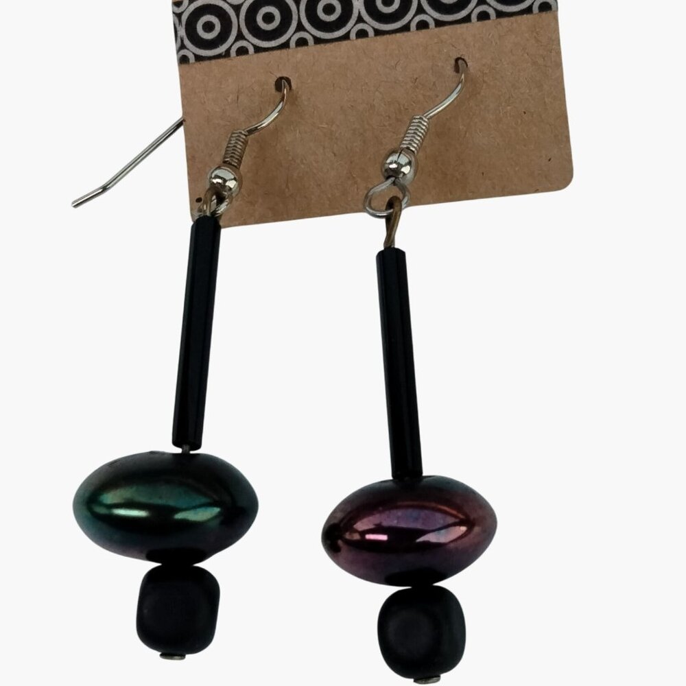 Iridescent Black Dangle Earrings Silver Hooks
